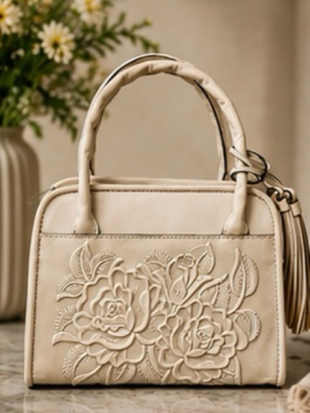 Patricia Nash Genovese Tooled Leather Top Handle Crossbody Chalk White EUC